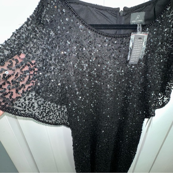Adrianna Papell Black Flutter Sleeve Beaded Short Sequin Dress - NWT - 14 - Picture 3 of 12
